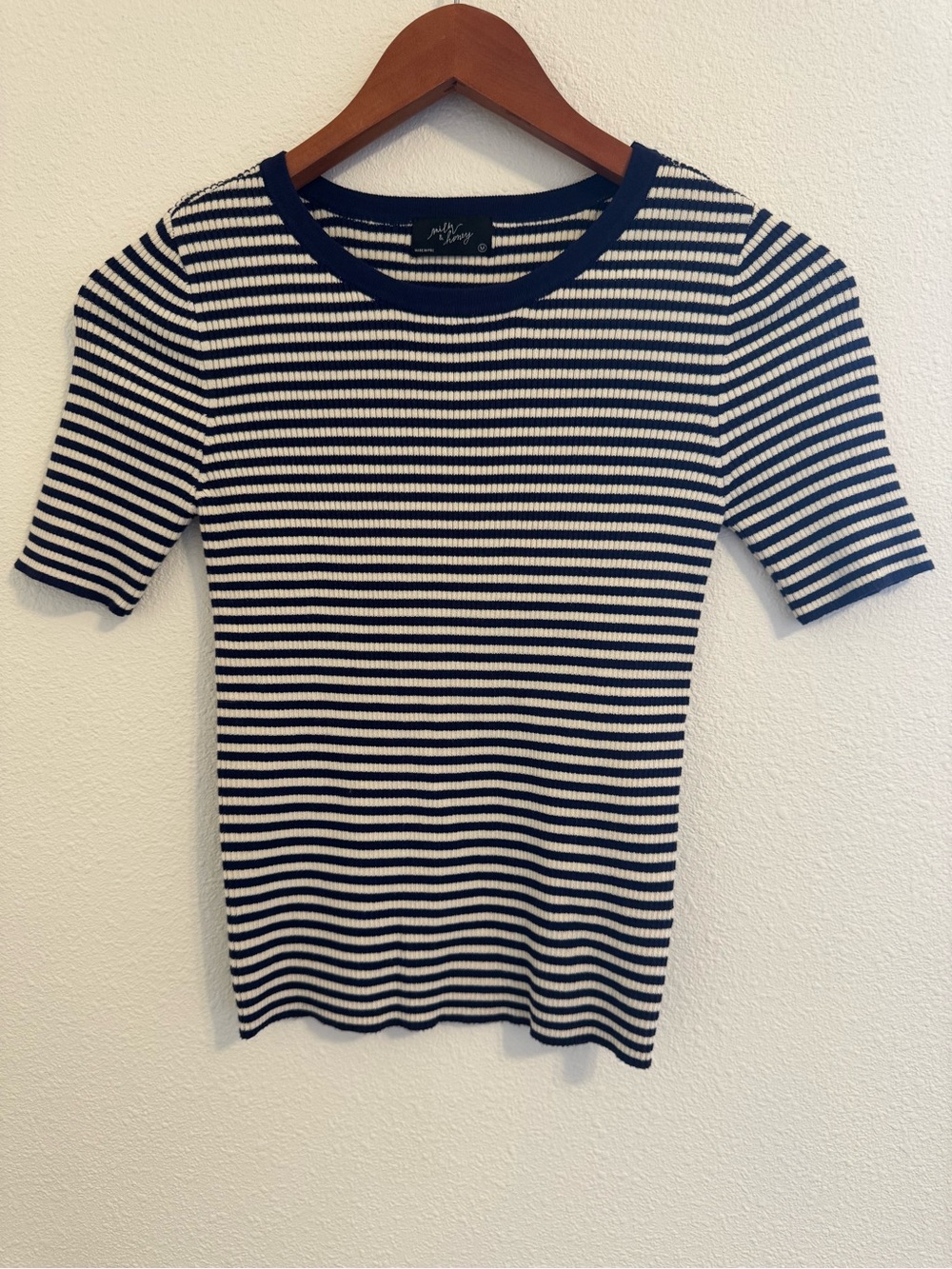 Milk & Honey Navy White Striped Rib Knit Top Short Sleeve Size Medium